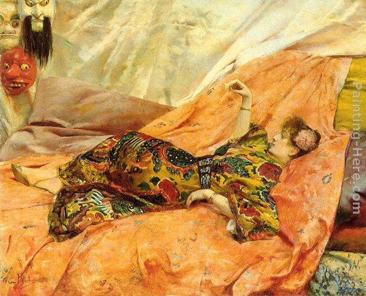 Georges Antoine Rochegrosse A Portrait of Sarah Bernhardt, reclining in a chinois interior